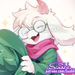  1boy ^_^ animal_ears artist_name body_fur chromatic_aberration closed_eyes commentary cropped deltarune english_commentary fangs furry furry_male glasses goat_boy goat_ears green-framed_eyewear green_hat green_shirt hand_up happy hat holding holding_unworn_clothes holding_unworn_hat horns long_sleeves male_focus mixed-language_commentary open_mouth patreon_username pink_horns ralsei red_scarf round_eyewear scarf shirt short_hair signature simple_background skin_fangs smile snout solo sparkle suahh tongue unworn_hat unworn_headwear upper_body utdr_(toby_fox) watermark web_address white_background white_fur white_hair 