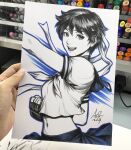  1girl 2017 art_tools_in_frame artist's_hand_in_frame black_hair blue_outline commentary cropped_shirt english_commentary highres kasugano_sakura marker_(medium) midriff navel neckerchief open_mouth outline photo_(medium) short_hair signature smile solo stanley_lau street_fighter teeth traditional_media upper_body upper_teeth_only white_background 