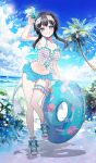  1girl absurdres arm_up bare_arms bare_shoulders bikini bikini_skirt black_hair blue_eyes blue_hair blue_nails blue_sky breasts cleavage cloud collarbone commentary_request cup day drinking_glass feathered_wings grin hair_ornament hairclip head_wings highres holding holding_cup horizon indie_virtual_youtuber innertube kurata_rine kurata_rine_(vtuber) long_hair medium_breasts multicolored_hair nail_polish navel ocean outdoors palm_tree plaid_bikini plaid_clothes platform_sandals sandals see-through_clothes sky smile solo standing standing_on_one_leg swim_ring swimsuit toenail_polish toenails tree two-tone_hair unmoving_pattern virtual_youtuber water white_sandals white_wings wings 