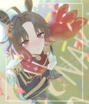 ahoge animal_ears blush brooch brown_hair cape closed_mouth commentary_request confetti ear_flower epaulettes flower flower_brooch four-pointed_star gloves gradient_hair highres horse_ears horse_girl jacket jewelry long_sleeves multicolored_hair outdoors red_cape red_hair red_sash rose_kingdom_(racing)_(umamusume) rose_kingdom_(umamusume) sash short_hair sppoke1226 two-tone_hair umamusume vertical-striped_sleeves white_gloves 