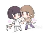  2girls arm_at_side black_eyes black_hair blush braid brown_eyes brown_sweater chibi chibi_only closed_mouth commentary cross-laced_clothes cross-laced_shorts drawing_(object) dress eye_contact fatal_frame fatal_frame:_maiden_of_black_water flower_symbol frilled_dress frilled_sleeves frills full_body grey_shorts half_up_braid himeno_fuyuhi holding_hands long_sleeves looking_at_another looking_to_the_side marker medium_hair momose_haruka multiple_girls notice_lines pantyhose purple_pantyhose ribbed_sweater sabi_(6535841) shoes shorts simple_background sketchbook smile standing striped_clothes striped_pantyhose sweater untranslatable_commentary vertical-striped_clothes vertical-striped_pantyhose watermark white_background white_dress white_pantyhose white_shoes yuri 