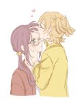  2girls :c bell blonde_hair blush closed_eyes closed_mouth commentary_request cropped_torso daiba_nana f_et face-to-face from_side glasses green_eyes green_ribbon hair_bell hair_ornament hair_ribbon hand_in_another's_hair hand_on_another's_cheek hand_on_another's_face hand_on_another's_head hands_up headpat heart hoshimi_junna jacket kiss kissing_forehead korean_commentary long_hair long_sleeves looking_at_another low_side_ponytail multiple_girls one_eye_closed open_clothes open_jacket parted_bangs purple_hair red_jacket ribbon shirt short_hair short_twintails shoujo_kageki_revue_starlight side_ponytail sidelocks simple_background smile twintails upper_body white_background white_shirt yellow_jacket yuri 