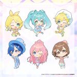  2boys 4girls :d ;d ahoge aqua_hair artist_name asazuke25 beret blonde_hair blue_eyes blue_hair blue_hat blue_pants bow-shaped_hair braid brown_eyes brown_hair chibi chibi_only closed_mouth commentary_request company_name copyright_notice frills full_body gradient_hair green_eyes hair_ornament hat hatsune_miku heart heart_hands jacket kagamine_len kagamine_rin kaito_(vocaloid) megurine_luka meiko_(vocaloid) multicolored_hair multiple_boys multiple_girls official_art one_eye_closed open_clothes open_jacket open_mouth pants pink_hair pom_pom_(clothes) purple_eyes red_hat second-party_source shoes shorts smile socks standing star_(symbol) sweater tongue twintails v-shaped_eyebrows vocaloid web_address white_hair white_hat white_shoes white_shorts white_socks yellow_jacket yellow_shorts yellow_sweater 