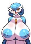  1girl alternate_breast_size_(larger) alternate_color blue_hair blue_nipples blue_skin blush breasts colored_nipples colored_skin dress gardevoir gigantic_breasts hair_over_one_eye highres large_areolae looking_at_viewer multicolored_skin open_mouth pokemon pokemon_(creature) red_eyes shiny_pokemon short_hair siglk smile solo two-tone_skin white_dress white_skin 