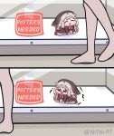  1girl 1other all_fours black_dress black_eyes blonde_hair blush bow bowtie chibi chibi_only dress for_adoption full_body highres long_hair mask meme ni7nia7 open_mouth orange_bow orange_bowtie skull_mask speaki_(trickcal) speakiposting_(meme) sticky_note tearing_up trickcal walking 