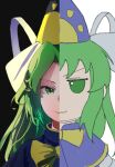  >:) 1girl absurdres acor blue_hat blue_robe bow bowtie character_doll closed_mouth commentary curtained_hair doll fumo_(doll) gold_trim green_eyes green_hair hat hat_ribbon highres i'm_fine_(meme) long_hair looking_at_viewer meme mima_(touhou) ribbon robe short_sleeves sidelighting simple_background smirk sun_print touhou touhou_(pc-98) upper_body v-shaped_eyebrows white_background white_ribbon wizard_hat yellow_bow yellow_bowtie yellow_hat 