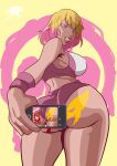  1girl absurdres ass back blonde_hair blue_eyes bodypaint breasts cellphone cellphone_photo commentary curvy deadpool deadpool_(series) gwen_stacy gwenpool gym_shirt gym_shorts highres huge_ass looking_back marvel non-web_source panties phone pink_hair sexually_suggestive shin_art69 shirt shorts silk solo spider-man spider-man_(series) spider_web superhero_costume thighs underwear western_comics_(style) wide_hips wolverine_(x-men) x-men 