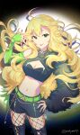  1girl :p ahoge belt black_shorts black_thighhighs blonde_hair breasts cleavage closed_mouth commentary cowboy_shot fingernails fishnet_pantyhose fishnets fur_sleeves green_belt green_eyes hand_up highres hoshii_miki idolmaster idolmaster_(classic) long_hair looking_at_viewer medium_breasts mintpmintp nail_polish navel pantyhose purple_nails shorts solo standing studded_belt studs thighhighs tongue tongue_out twitter_username 