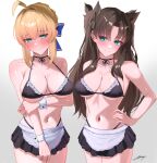  2girls absurdres ahoge alternate_breast_size_(larger) apron aqua_eyes artoria_pendragon_(fate) bikini black_bikini black_ribbon black_skirt blonde_hair blue_ribbon breasts brown_hair cleavage commentary_request embarrassed fate/stay_night fate_(series) frilled_bikini frills gradient_background grey_background hair_ribbon highres honkai:_star_rail honkai_(series) large_breasts long_hair maid maid_apron maid_bikini medium_breasts miya-chan_(lightning0730) multiple_girls pleated_skirt ribbon saber_(fate) saber_(honkai:_star_rail)_(fate) short_hair skirt standing swimsuit tohsaka_rin tohsaka_rin_(honkai:_star_rail) two_side_up unconventional_maid 