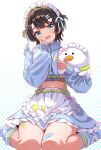  1girl animal apron bandaid bandaid_on_knee bandaid_on_leg belt bird blue_eyes blue_jacket blue_leg_warmers blue_ribbon blue_skirt blush bow breasts brown_hair commentary_request cropped_jacket crossed_bandaids dot_nose duck enmaided feet_out_of_frame frilled_hairband frilled_skirt frills hair_ornament hair_ribbon hairband hairclip halftone halftone_background hand_on_own_face hands_up harness_belt head_tilt heart heart_hair_ornament highres holding holding_animal hololive jacket jersey_maid leg_warmers long_sleeves looking_at_viewer maid maid_headdress medium_breasts midriff_peek official_alternate_costume oozora_subaru open_mouth parallel_hairclips parted_hair pink_bow ribbon short_hair side_part sitting skirt sleeves_past_wrists smile sparkle star_(symbol) subatomo_(big) tenshi_kaiwai tooo88 track_jacket two-tone_background unconventional_maid virtual_youtuber waist_apron wariza white_apron white_background white_hairband x_hair_ornament yellow_belt zipper zipper_pull_tab 