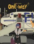  1girl aircraft airplane black_dress blue_eyes blue_hair blush capelet closed_mouth commentary_request dress feet_out_of_frame finland_flag_print flower hat highres holding holding_unworn_clothes holding_unworn_hat jet_bridge konmi_(kommi_ene) long_sleeves looking_at_viewer low_twintails luggage_cart medium_dress night original propeller short_twintails solo straight-on twintails unworn_hat unworn_headwear v_arms white_capelet 