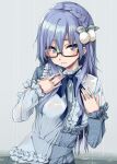  1girl 22/7 black-framed_eyewear blue_eyes blue_hair blue_ribbon bow braid closed_mouth cowboy_shot dress frilled_dress frills grey_background hair_between_eyes hair_bow hair_ornament hands_on_own_chest highres kisairo_kaede long_hair long_sleeves maruyama_akane_(22/7) muzui neck_ribbon pom_pom_(clothes) pom_pom_hair_ornament rain rectangular_eyewear ribbon see-through_clothes see-through_dress semi-rimless_eyewear single_braid solo under-rim_eyewear wading water wet wet_clothes wet_dress wet_hair 