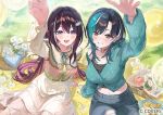  2girls :d anne_(oici_ne) aqua_hair arm_up azki_(hololive) balloon black_hair black_tank_top blue_cardigan blue_pants braid braided_bangs breasts cardigan colored_inner_hair commentary_request crop_top day denim double-parted_bangs dress earrings hair_intakes hair_ornament hairclip half_crown_braid hololive hololive_dev_is jeans jewelry large_breasts long_hair long_sleeves looking_at_viewer medium_breasts mole mole_under_eye multicolored_hair multiple_girls navel official_art open_mouth outdoors outstretched_arm pants pink_hair pink_streaks purple_eyes purple_streaks reaching red_eyes rindo_chihaya see-through_clothes see-through_shirt shirt single_off_shoulder sitting smile streaked_hair swimsuit tank_top torn_clothes torn_jeans torn_pants very_long_hair virtual_youtuber white_dress white_streaks 