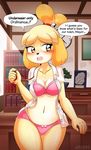  2018 alfa995 animal_crossing anthro black_nose blonde_hair blush bra breasts canine clothed clothing dialogue dog english_text eyelashes female hair hi_res inside isabelle_(animal_crossing) mammal navel nintendo open_mouth panties shih_tzu solo text underwear video_games 