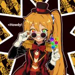  1girl adjusting_eyewear akita_neru artist_logo black_skirt black_vest blonde_hair bow bowtie candycookiechocolate_(vocaloid) collared_shirt dango double-parted_bangs english_text epaulettes fer_ikari food gloves grin hair_between_eyes hair_tie hat highres holding holding_food logo looking_over_eyewear mini_hat mini_top_hat multicolored_eyes patterned_background rainbow_eyes red_bow red_bowtie red_vest shirt side_ponytail skirt smile solo sunglasses top_hat two-tone_vest vest vocaloid wagashi white_gloves 