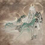  1boy blonde_hair closed_eyes crescent crescent_hair_ornament earrings genshin_impact hagoromo hair_ornament hair_tubes high_ponytail highres instrument jewelry long_hair male_focus mountain multicolored_hair ponytail shawl sitting solo streaked_hair very_long_hair white_hair zhaoshaoji zhongguo_hua zibai_(genshin_impact) 