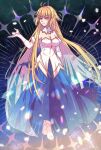  1girl antenna_hair archetype_earth arcueid_brunestud arm_up bare_shoulders blonde_hair breasts cleavage crossed_legs detached_sleeves dress elbow_gloves floating_hair gloves gold_trim hair_between_eyes hand_up high_collar high_heels highres isurugiratone light_smile long_dress long_hair looking_to_the_side medium_breasts petals red_eyes shoes sidelocks single_hair_intake sky smile solo space sparkle standing star_(sky) starry_sky tsukihime tsukihime_(remake) two-tone_dress very_long_hair white_gloves white_petals white_shoes white_sleeves 