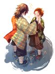  2boys absurdres black_hair black_pants brown_hair brown_jacket brown_pants checkered_haori closed_eyes commentary_request demon_slayer_uniform from_above full_body hand_on_another's_cheek hand_on_another's_face haori highres jacket japanese_clothes kamado_tanjirou kikkoumon kimetsu_no_yaiba long_hair low_ponytail male_focus multiple_boys pants partial_commentary ponytail print_haori short_hair smile sora_(sora11262) spiked_hair teeth tomioka_giyuu white_background 