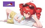  1girl ahoge ankle_socks artist_name double-parted_bangs drill_hair eating eyewear_on_head food hair_between_eyes hand_on_own_head highres holding holding_food holding_popsicle kasane_teto liar_dancer_(synthesizer_v) lying no_shoes on_side popsicle red_eyes red_hair reference_inset screenshot_inset shirt shorts simple_background socks solo soru_2023 sunglasses synthesizer_v t-shirt twin_drills twitter_username utau white_background white_shirt white_socks yellow_shorts 