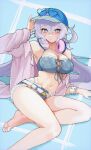  1girl barefoot blue_background blue_hat breasts bronya_zaychik bronya_zaychik_(silverwing:_n-ex) bronya_zaychik_(summer_2026) cleavage commentary denim denim_bikini denim_shorts feet grey_eyes grey_hair hat headphones headphones_around_neck highres honkai_(series) honkai_impact_3rd large_breasts long_hair looking_at_viewer micro_shorts mmmmhyb navel official_alternate_costume purple_shirt shirt shorts simple_background sitting soles solo toes very_long_hair 