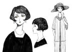  1920s_fashion 1girl brown_eyes cowboy_shot dress earrings eleanor_(ohmyeleanor) eyelashes flower from_side greyscale half-closed_eyes hand_up hat hat_flower jewelry jitome lipstick long_dress looking_ahead looking_to_the_side makeup monochrome multiple_views necklace original pearl_earrings pearl_necklace pixie_cut portrait serious short_hair short_sleeves side_part sidelocks sideways_glance simple_background sketch spot_color sun_hat upper_body very_short_hair white_background wide_sleeves 