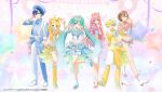  2boys 4girls :d ;) aqua_eyes aqua_hair asazuke25 beret blonde_hair blue_eyes blue_hair blue_hat blue_shirt blue_skirt bow bow-shaped_hair braid brown_eyes brown_hair commentary_request company_name copyright_notice frills full_body gradient_hair grey_sweater_vest hair_bow hat hatsune_miku heart heart_hands jacket kagamine_len kagamine_rin kaito_(vocaloid) leg_up megurine_luka meiko_(vocaloid) multicolored_hair multicolored_shorts multiple_boys multiple_girls navel official_art one_eye_closed open_clothes open_jacket pink_hair pink_shoes plaid_clothes plaid_shirt purple_eyes second-party_source shirt shoes shorts skirt smile star_(symbol) sweater_vest twintails vocaloid web_address white_hat white_jacket white_shoes white_shorts yellow_bow yellow_shorts 