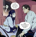  1boy 2girls asirpa black_hair commentary_request earrings golden_kamuy headband hoop_earrings ienaga_kano indoors jewelry korean_commentary korean_text long_sleeves luke_skyfaller multiple_girls parted_lips purple_headband scar scar_on_face shirt sitting sparkle sugimoto_saichi translation_request white_shirt window 