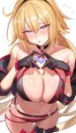  0nineo9 1girl absurdres bare_shoulders bikini black_bikini blonde_hair blue_eyes blush breasts cleavage commentary commission cosplay cropped_jacket english_commentary fate/grand_order fate_(series) gloves heart heart_hands highres jeanne_d'arc_(fate) jeanne_d'arc_alter_(fate) jeanne_d'arc_alter_(swimsuit_berserker)_(fate) jeanne_d'arc_alter_(swimsuit_berserker)_(fate)_(cosplay) large_breasts long_hair long_sleeves looking_at_viewer navel open_mouth red_thighhighs revision solo swimsuit thighhighs 