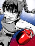  1girl boxing boxing_gloves boxing_shorts braid braided_ponytail breasts commentary flying_sweatdrops gloves gradient_background hatching_(texture) highres lee_(dragon_garou) midriff original partially_colored red_gloves serious shorts single_braid small_breasts solo sweat upper_body 