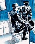  2boys blue_theme boots buttons chewing dango expressionless facial_hair food goatee golden_kamuy highres holding holding_skewer indoors injury luke_skyfaller male_focus mask mature_male multiple_boys mustache scar scar_on_face sitting skewer sugimoto_saichi table tsurumi_tokushirou wagashi 