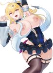  1girl absurdres ahoge arm_up armpits bare_shoulders black_skirt blonde_hair blush breasts brown_thighhighs chalky_(zenless_zone_zero) cissia_(zenless_zone_zero) commentary_request cowboy_shot detached_sleeves english_commentary fangs hair_between_eyes hair_ornament hairclip highres ichii_19 large_breasts long_hair looking_at_viewer miniskirt mixed-language_commentary nipples open_mouth pom_pom_(clothes) pom_pom_hair_ornament red_eyes simple_background skirt snake snake_girl snake_tail solo tail thighhighs underboob white_background white_snake zenless_zone_zero 