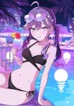  1girl ahoge arm_support bare_shoulders bikini black_bikini blue_eyes blush braid breasts butterfly_hair_ornament collarbone commentary_request cup drinking_glass drinking_straw eyewear_on_head gakuen_idolmaster grating hair_ornament heart heart-shaped_eyewear highres holding holding_cup idolmaster jewelry kaya_rinha long_hair looking_at_viewer mole mole_on_neck navel necklace night outdoors pool poolside purple-tinted_eyewear purple_hair shirota_(takoyaki_110721) sitting solo stomach sunglasses swimsuit tinted_eyewear twintails water 
