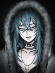  1girl alternate_costume black_background black_camisole black_choker blue_hair camisole chain chain_choker chain_necklace choker clam collarbone commentary_request crossed_bangs double-parted_bangs fur-trimmed_jacket fur_trim gi_ra1 grey_jacket hair_between_eyes hair_ornament hairclip highres hood hood_up hooded_jacket jacket jewelry lamia_(pgr) long_hair looking_at_viewer necklace parted_lips portrait punishing:_gray_raven purple_eyes solo 