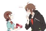  1boy 1girl ^_^ amagase_touma amami_haruka ap_bar black_jacket blue_shirt blush bow bowtie box brown_hair closed_eyes commentary_request facing_another from_side gift gift_box hair_bow heart-shaped_box holding holding_gift hood hood_down hooded_jacket idolmaster idolmaster_(classic) idolmaster_million_live! idolmaster_million_live!_theater_days idolmaster_side-m jacket long_sleeves looking_at_another profile red_bow red_bowtie shirt short_hair short_sleeves simple_background white_background 