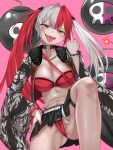  1girl absurdres belt black_skirt blue_notuki blush bomb bra breasts cameltoe chain chain_necklace choker cleavage commentary_request explosive fate/grand_order fate_(series) fur_collar hair_bobbles hair_ornament highleg highleg_panties highres jacket jewelry large_breasts long_hair long_sleeves looking_at_viewer matsunaga_hisahide_(fate) middle_finger miniskirt multicolored_hair navel necklace open_mouth panties red_bra red_eyes red_hair red_jacket red_panties skirt smile solo split-color_hair thigh_strap thighs tongue tongue_out twintails underwear white_hair white_sleeves wide_sleeves 