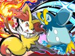  1girl braixen digitigrade fang fire full_body furry furry_female holding holding_stick looking_at_viewer open_mouth pokemon pokemon_(creature) prinplup red_eyes runachikku stick 