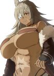  1girl abs ahoge animal_ear_fluff animal_ears bandeau bare_shoulders black_gloves black_jacket breasts bridal_gauntlets cat_ears cat_girl choker cleavage dark-skinned_female dark_skin fur-trimmed_jacket fur_trim ghislaine_dedoldia gloves grey_hair hair_between_eyes hand_on_hilt highleg highleg_panties highres jacket large_breasts long_hair looking_at_viewer muscular muscular_female mushoku_tensei navel off_shoulder panties red_bandeau red_choker red_eyes scar scar_on_cheek scar_on_face scar_on_stomach simple_background smile solo stomach tokusakusa25 underboob underwear upper_body very_long_hair white_background 