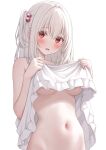  1girl blush breasts clothes_lift commentary_request hair_bobbles hair_ornament highres karutamo lifting_own_clothes looking_at_viewer medium_breasts navel one_side_up open_mouth original out-of-frame_censoring red_eyes shirt_lift simple_background solo stomach tisshu_(karutamo) underboob white_background white_hair 