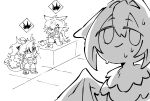  2girls animal_ears arknights chibi clenched_hands commentary_request dragon_boy dragon_horns dragon_tail gameplay_mechanics gargoyle greyscale highres horns lappland_(arknights) lappland_the_decadenza_(arknights) long_hair monochrome multiple_girls nervous_sweating official_alternate_costume open_mouth ponytail questioning_statue_(arknights) samedouraku3 sharp_teeth sitting sketch smile statue sweat tail teeth v-shaped_eyebrows wolf_ears wolf_girl yu_(arknights) 