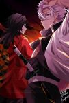  2boys arm_up black_hair black_jacket blue_eyes commentary_request cowboy_shot demon_slayer_uniform from_behind hair_between_eyes haori jacket japanese_clothes katana kikkoumon kimetsu_no_yaiba long_hair looking_at_viewer low_ponytail male_focus multiple_boys open_clothes open_jacket parted_lips ponytail print_haori profile purple_eyes red_haori sayu090200 scar scar_on_face shinazugawa_sanemi spiked_hair standing sword teeth tomioka_giyuu watermark weapon 