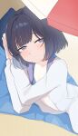  1girl absurdres aroon beach_mat beach_umbrella bikini blue_bikini closed_mouth collarbone commentary_request gakuen_idolmaster hataya_misuzu highres idolmaster jacket jacket_over_swimsuit kimi_to_semi_blue_(idolmaster) long_sleeves looking_at_viewer lying mole mole_under_mouth on_side partially_unzipped purple_hair short_hair smile solo swimsuit two-sided_fabric two-sided_jacket umbrella white_jacket 