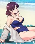  1girl beach beach_towel blue_one-piece_swimsuit breasts brown_eyes cleavage coat collarbone covered_navel dalsegno highleg highleg_one-piece_swimsuit highres jewelry lab_coat large_breasts looking_at_viewer necklace one-piece_swimsuit pokemon pokemon_(anime) pokemon_(classic_anime) professor_ivy purple_hair short_hair sitting smile strapless strapless_one-piece_swimsuit swimsuit thighs towel 