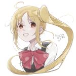  1girl ahoge black_sweater_vest blonde_hair blush bocchi_the_rock! bow bowtie brown_eyes carrion1129 commentary dated ijichi_nijika long_hair open_mouth red_bow red_bowtie school_uniform side_ponytail signature simple_background solo sweater_vest white_background 