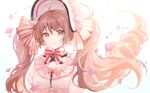  1girl absurdres ahoge ambience_synesthesia arknights bonnet bow bowtie brown_eyes brown_hair charcy-tea corset eyjafjalla_(ambience_synesthesia_2022)_(arknights) eyjafjalla_(arknights) falling_petals floating_hair flower highres horns long_hair official_alternate_costume parted_lips petals pink_bow pink_corset pink_petals puffy_sleeves sheep_girl sheep_horns shirt solo striped_bow striped_bowtie striped_clothes twintails upper_body very_long_hair white_background white_bonnet white_bow white_bowtie white_flower white_horns white_shirt 