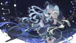  2girls animal_ears arknights bang_dream! bang_dream!_it's_mygo!!!!! black_bow black_dress black_hair black_ribbon bow chinese_commentary closed_mouth commentary_request dress falling_petals frills gloves green_hair hair_ribbon highres horns interlocked_fingers long_sleeves multiple_girls musical_note petals rabbit_ears rabbit_girl ribbon sidelocks single_glove sky star_(sky) starry_sky togawa_sakiko togawa_sakiko_(master_of_melodia) wakaba_mutsumi wakaba_mutsumi_(marionette's_id) xukong yellow_eyes yuri 