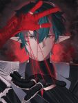  1boy absurdres arknights arknights:_endfield asymmetrical_gloves blue_eyes blue_hair camille_(arknights) closed_mouth commentary gloves hair_between_eyes highres jewelry kuyoowkuyo long_sleeves looking_at_viewer male_focus multiple_rings neck_tattoo pointy_ears ring solo string tattoo vampire 