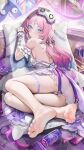  1girl absurdres bare_shoulders barefoot blue_eyes blush book book_stack breasts buko_(bukosuki) can citlali_(genshin_impact) citlali_(whispers_of_stars_and_smoke)_(genshin_impact) colored_eyelashes commentary drink_can facial_mark feet fingernails forehead_mark full_body genshin_impact gradient_hair hair_ornament hand_up highres indoors itzpapa_(genshin_impact) long_hair looking_at_viewer looking_back lying mask mask_on_head medium_breasts multicolored_hair nail_polish official_alternate_costume on_bed on_side panties pillow pink_hair pink_pupils purple_hair purple_nails sleep_mask soles solo thighs toenail_polish toenails toes triangle triangle_facial_mark twintails underwear white_panties 