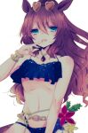  1girl animal_ears areola_slip bikini black_bikini blue_eyes blush breasts brown-tinted_eyewear brown_hair chain collarbone commentary_request eyewear_on_head flower gold_chain hair_between_eyes heart heart-shaped_eyewear highres horse_ears horse_girl horse_tail jewelry long_hair looking_at_viewer maruzensky_(hot_summer_night)_(umamusume) maruzensky_(umamusume) navel necklace official_alternate_costume open_mouth orange-tinted_eyewear reya_p_d3 ruffle_bikini solo stomach sunglasses swimsuit tail tinted_eyewear umamusume white-framed_eyewear 