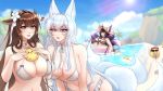  >_< 3girls absurdres animal_ears azur_lane bikini breasts brown_hair candy cleavage cow_ears cow_girl cow_horns ears_through_headwear food fox_ears fox_girl fox_tail hair_ribbon hat highres holding holding_candy holding_food holding_lollipop horns innertube kashino_(azur_lane) kashino_(hot_springs_relaxation)_(azur_lane) large_breasts lips lollipop looking_at_viewer manjuu_(azur_lane) multiple_girls musashi_(azur_lane) navel official_alternate_costume outdoors purple_eyes ribbon sagpotato shinano_(azur_lane) shinano_(dreamy_white_sands)_(azur_lane) stomach sun_hat swim_ring swimsuit swirl_lollipop tail water white_bikini white_ribbon 