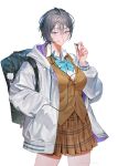  1girl absurdres ahoge backpack bag black_bag blue_bow blush bow breasts brown_skirt brown_sweater_vest charm_(object) commentary_request cowboy_shot earbuds earphones earphones_around_neck gradient_eyes grey_hair hair_between_eyes hand_in_pocket highres hood hoodie kisara_(nijisanji) large_breasts looking_at_viewer multicolored_eyes nijisanji object_in_pocket official_alternate_costume orewajedman plaid_clothes plaid_skirt pocket purple_eyes removing_earbuds sailor_collar school_uniform shirt short_hair skirt smile solo sweater_vest thighs virtual_youtuber white_background white_hoodie white_shirt 